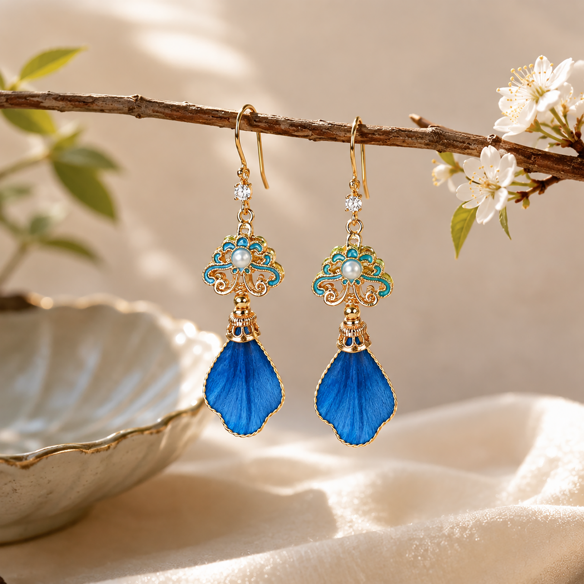 Blue silk velvet drop earrings displayed on a flowering branch