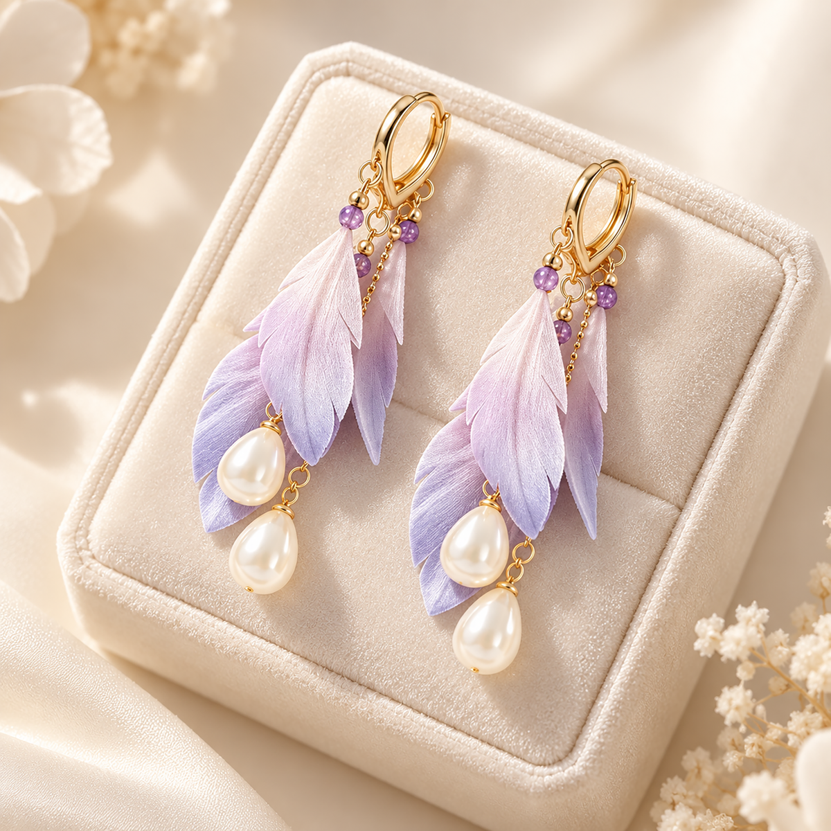 Dream Feather lavender-to-ivory mulberry-silk Ronghua drop earrings on a stand