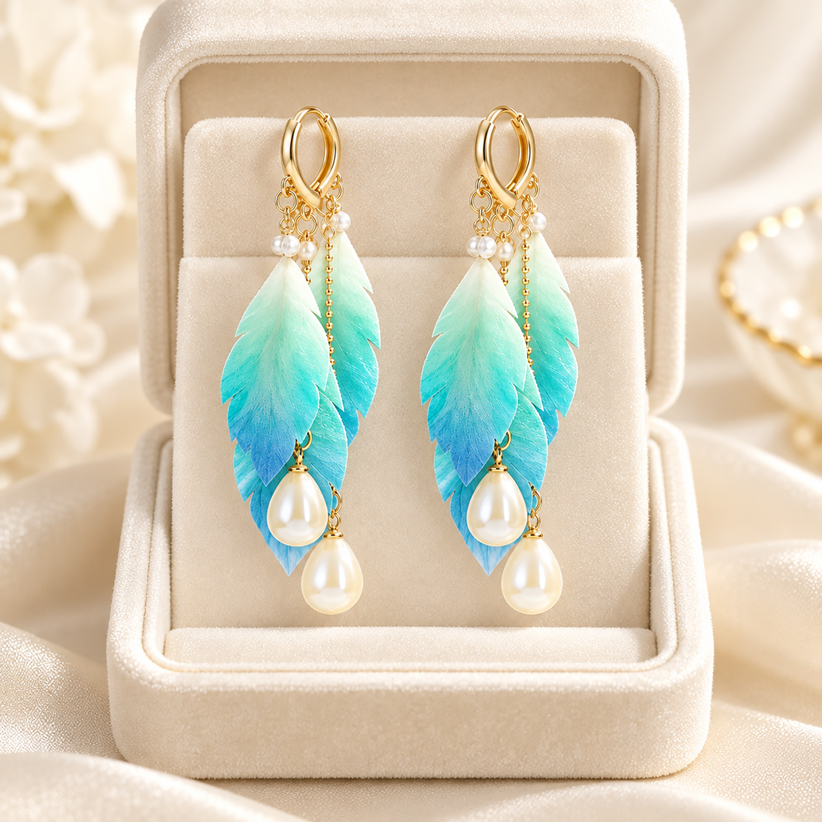 Sea Feather mint-to-blue mulberry-silk Ronghua drop earrings on a stand