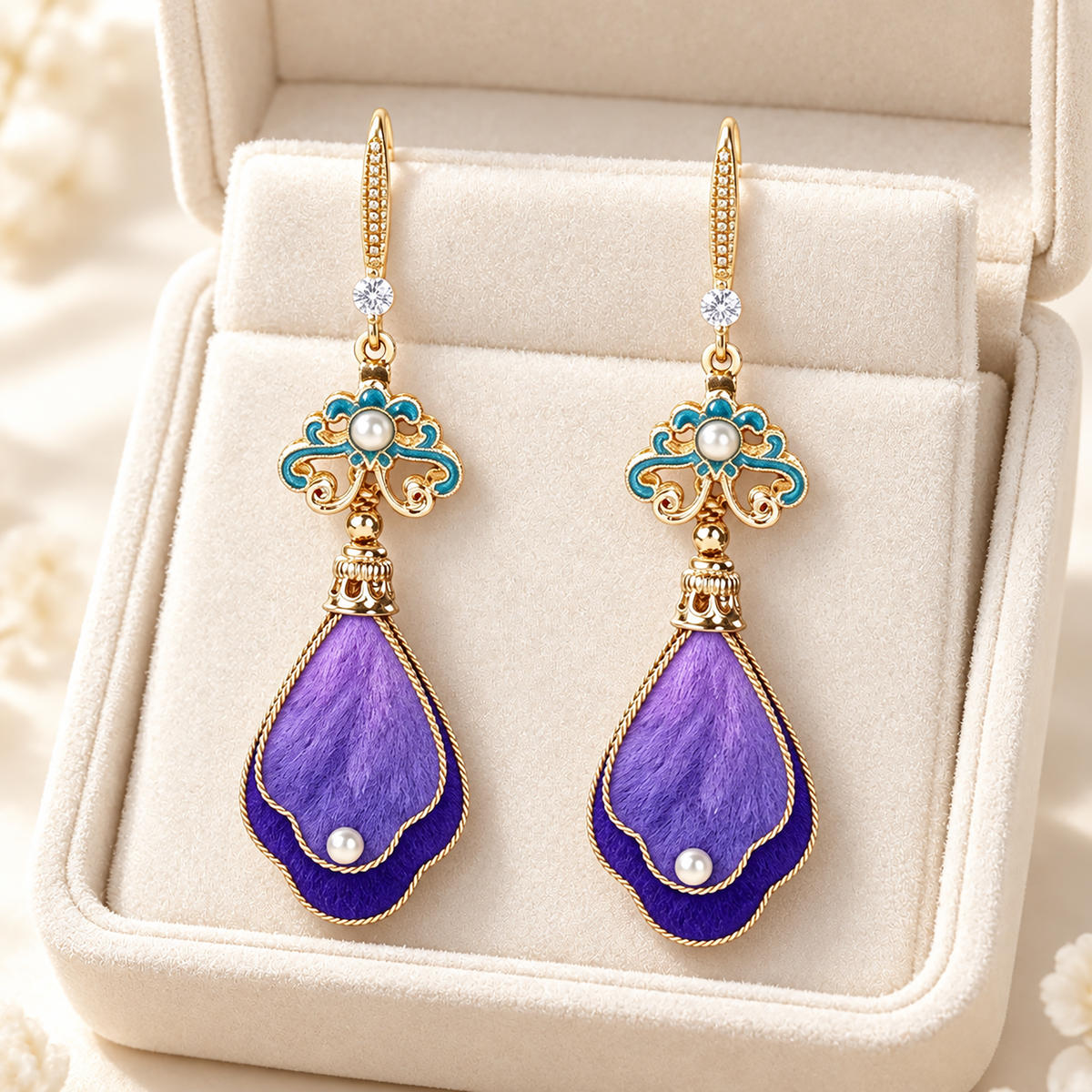 Luo Shen purple-over-indigo mulberry-silk Ronghua drop earrings on a stand