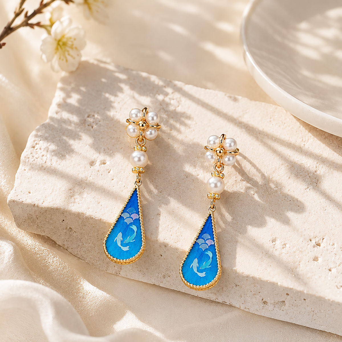 Blue twin fish silk velvet earrings displayed beside a vase