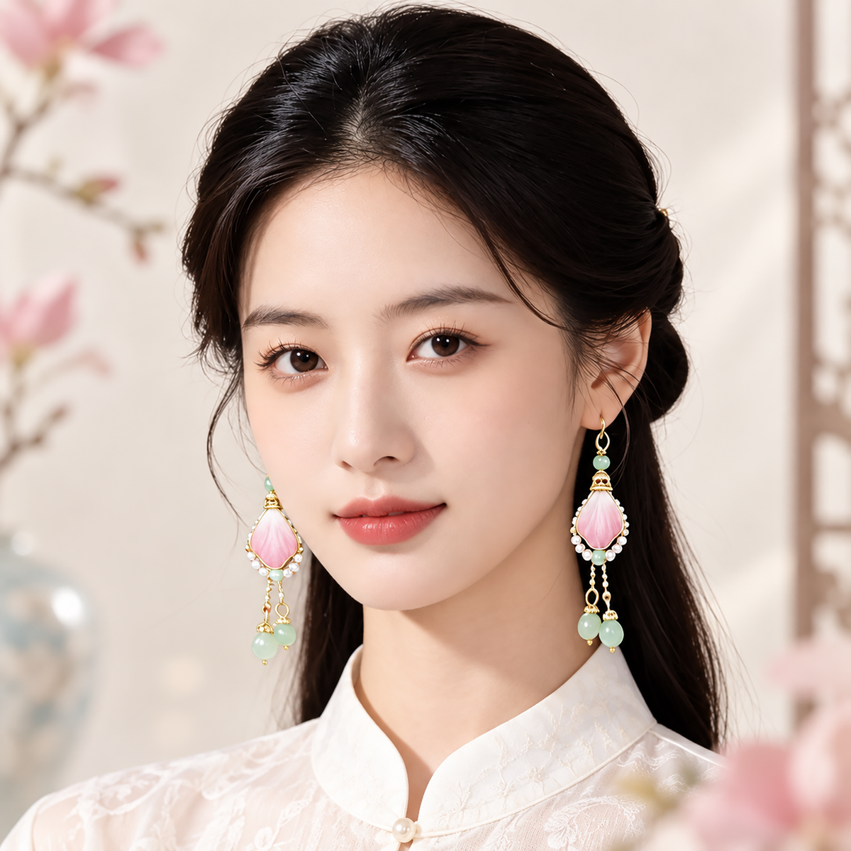 Woman wearing the pink silk Ronghua drop earrings with green bead drops
