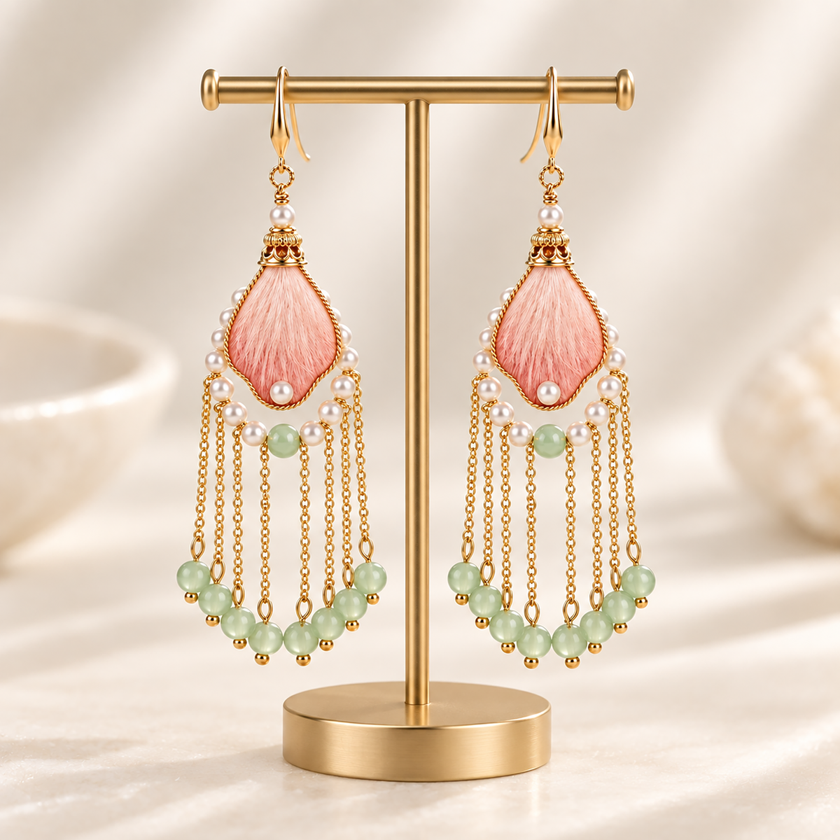 Woman wearing Yaochi Immortal peach-pink silk Ronghua drop earrings