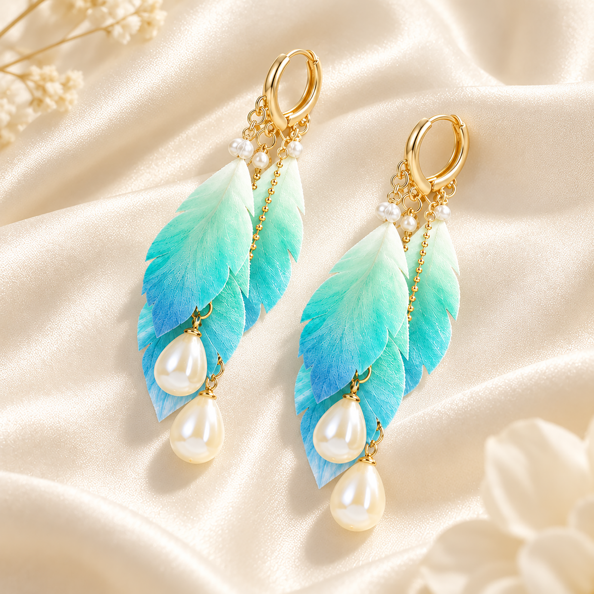 Woman wearing Sea Feather mint-blue silk Ronghua drop earrings
