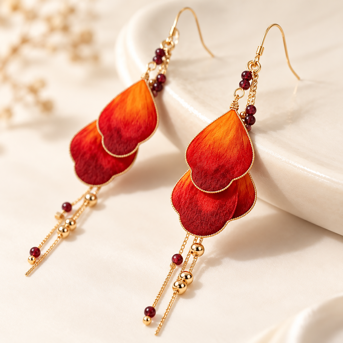 Woman wearing Phoenix Tail orange-burgundy silk Ronghua drop earrings
