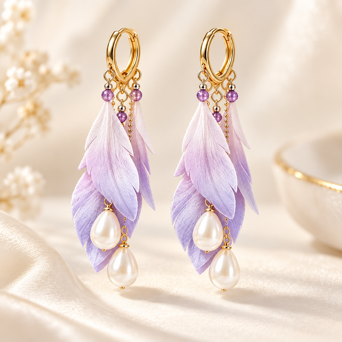 Woman wearing Dream Feather lavender-ivory silk Ronghua drop earrings