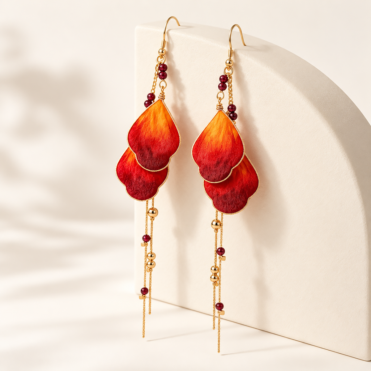 Pair of Phoenix Tail orange-to-burgundy silk Ronghua drop earrings