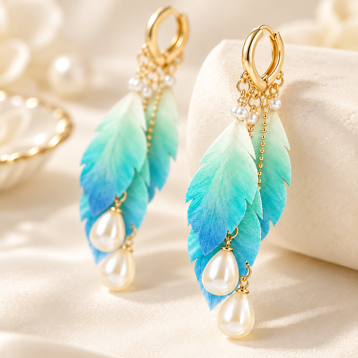 Pair of Sea Feather mint-to-blue silk Ronghua drop earrings