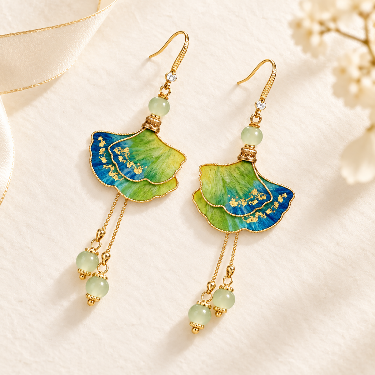 Pair of Jiangshan Ginkgo ginkgo-inspired silk Ronghua drop earrings