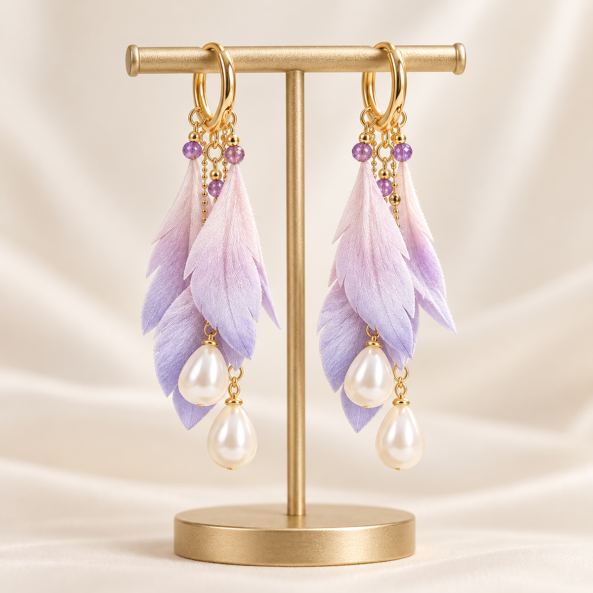 Pair of Dream Feather lavender-to-ivory silk Ronghua drop earrings