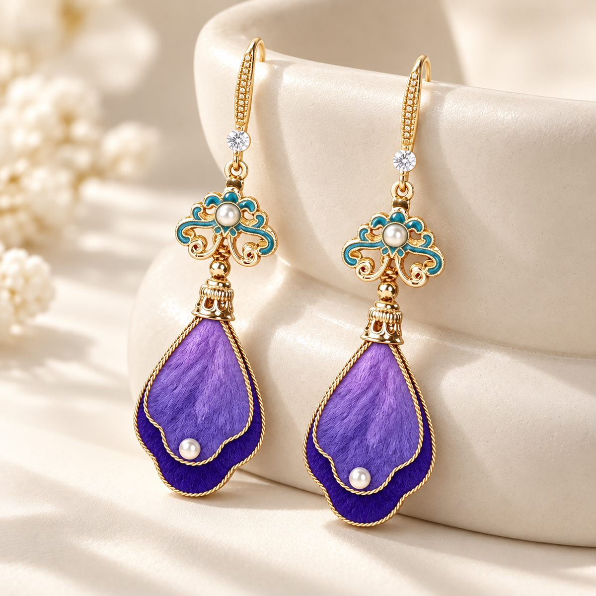 Pair of Luo Shen purple-over-indigo silk Ronghua drop earrings