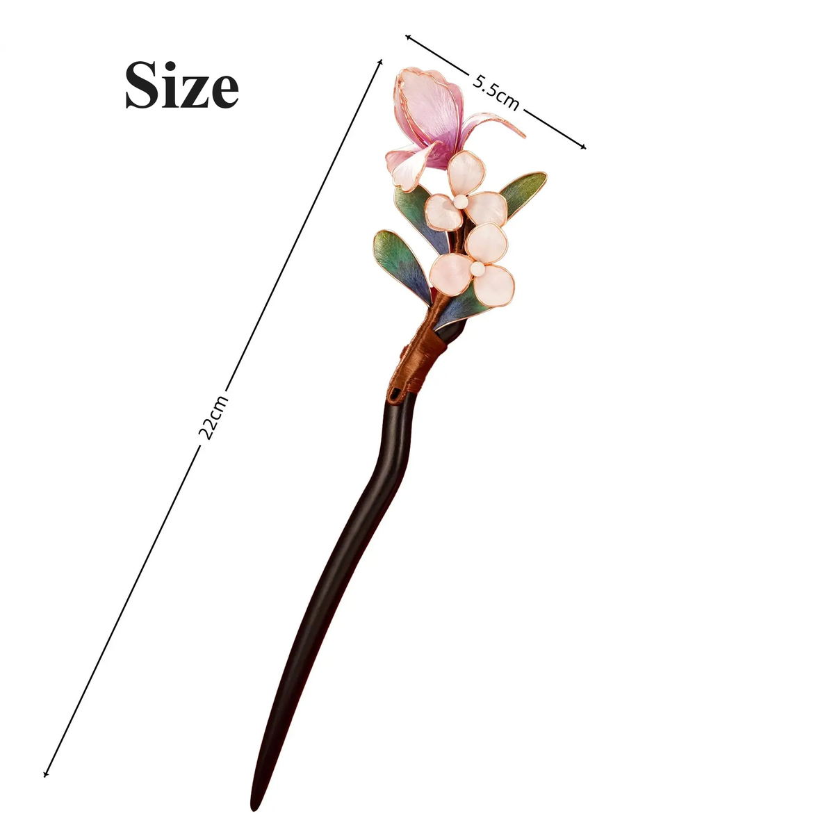 Size guide for pink butterfly blossom silk velvet hairpin