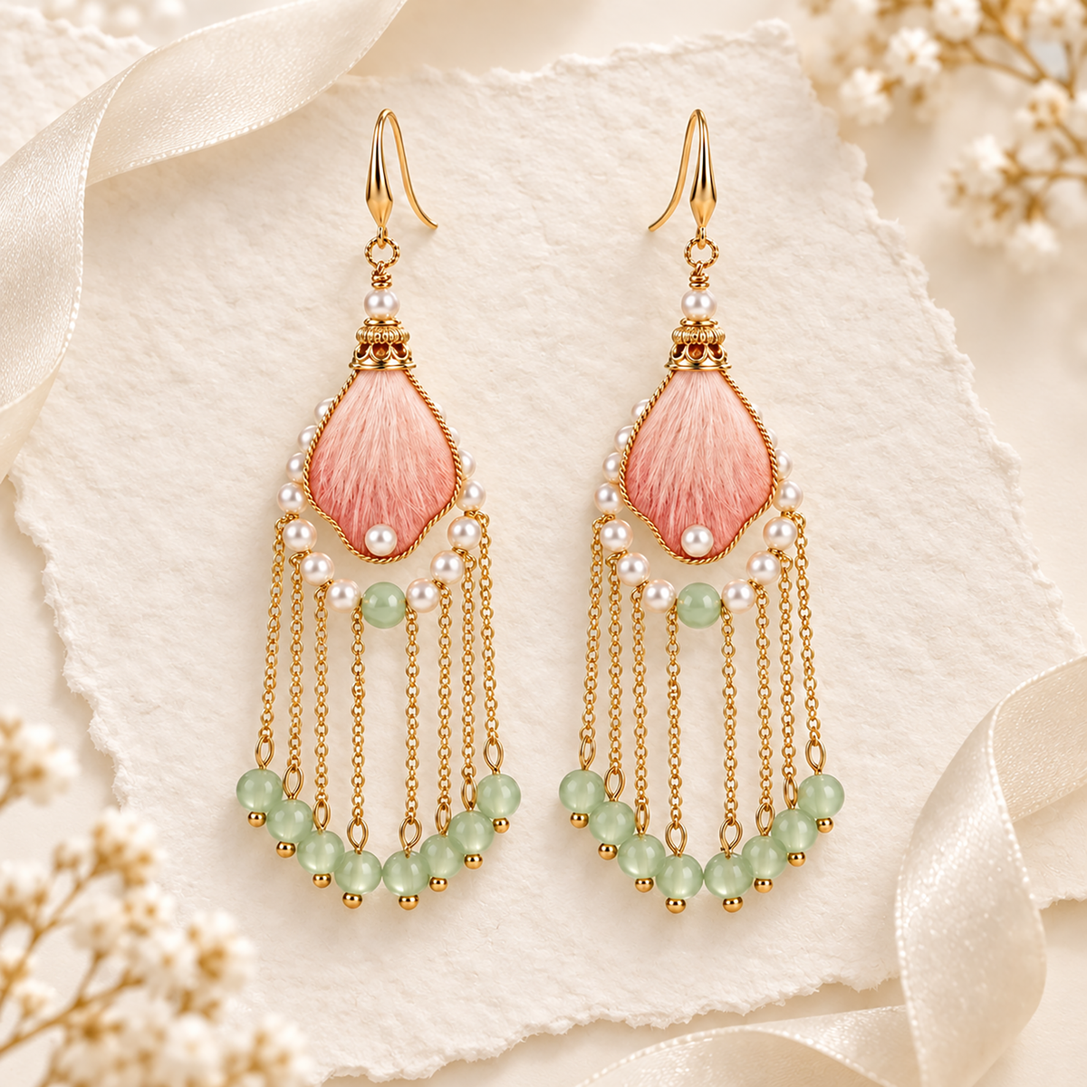 Close view of peach-pink silk petal, pearl-effect arc and pale green bead fringe