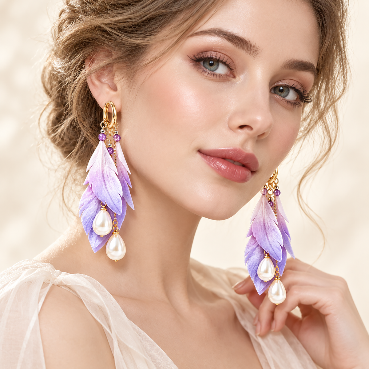 Alternate angle of Dream Feather lavender-ivory silk drop earrings