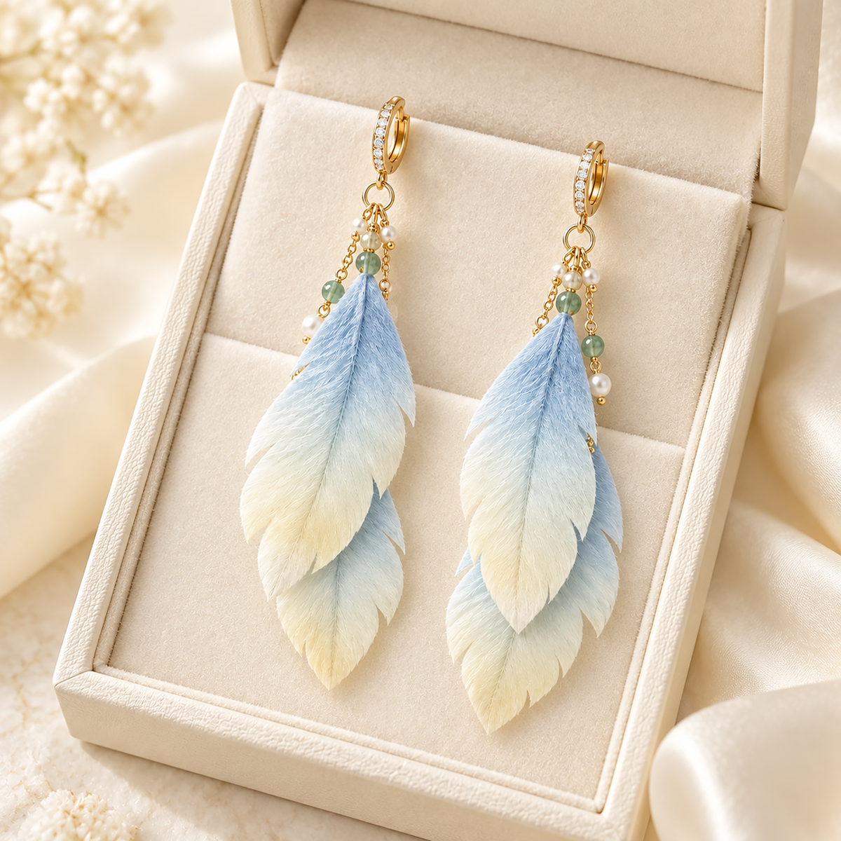 Blue-to-ivory silk drop earrings displayed in a cream jewellery box