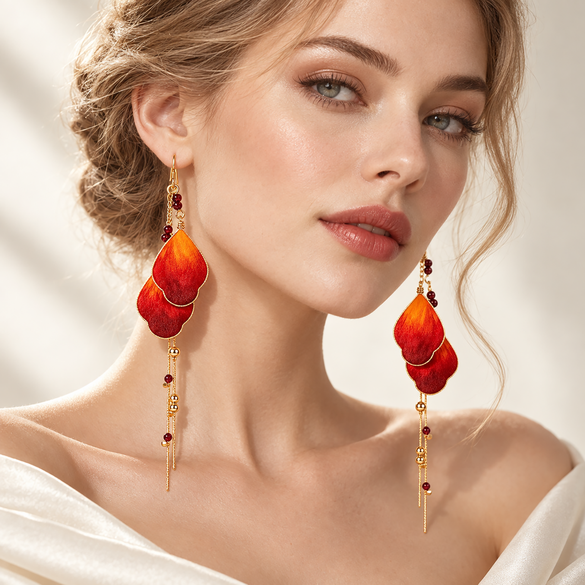 Alternate angle of Phoenix Tail orange-burgundy silk drop earrings