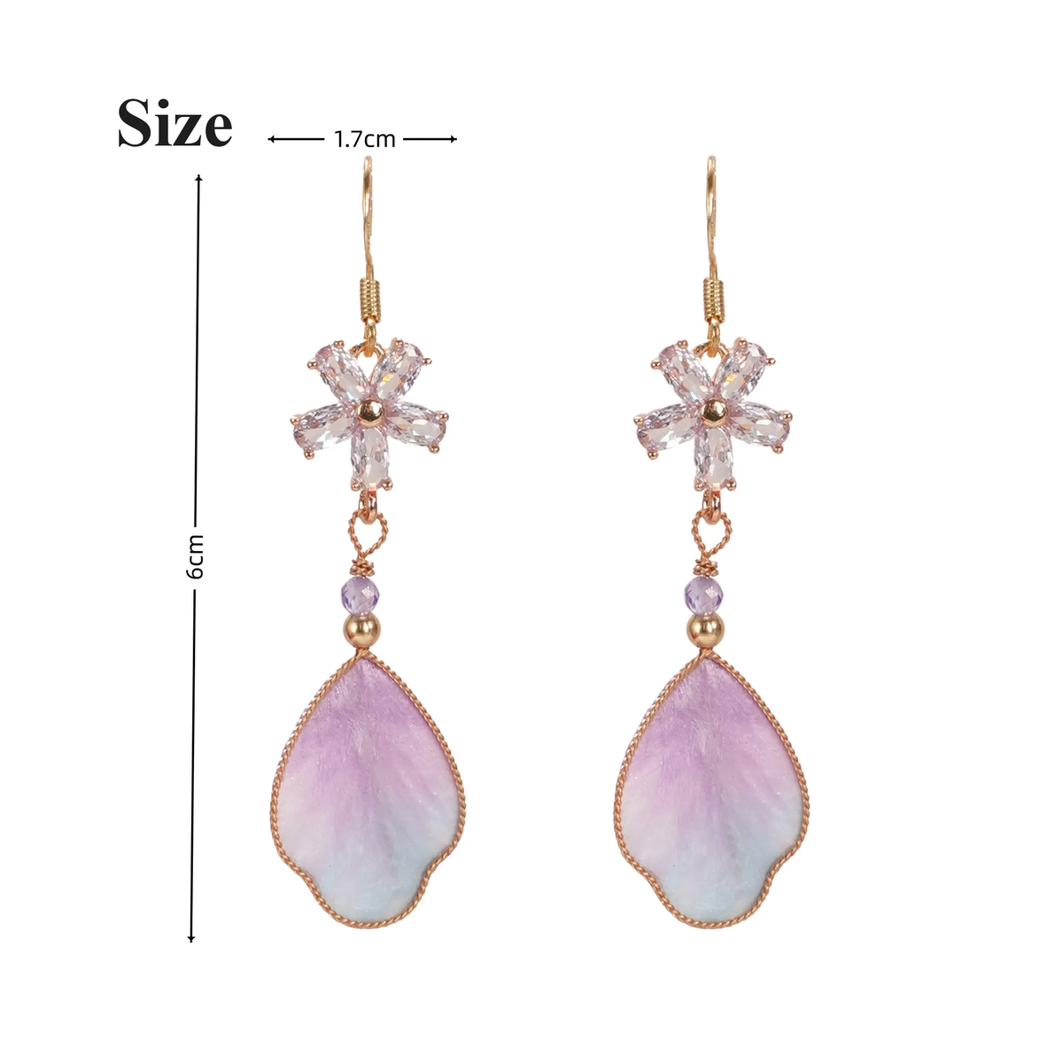 Size guide for purple cloud silk velvet drop earrings