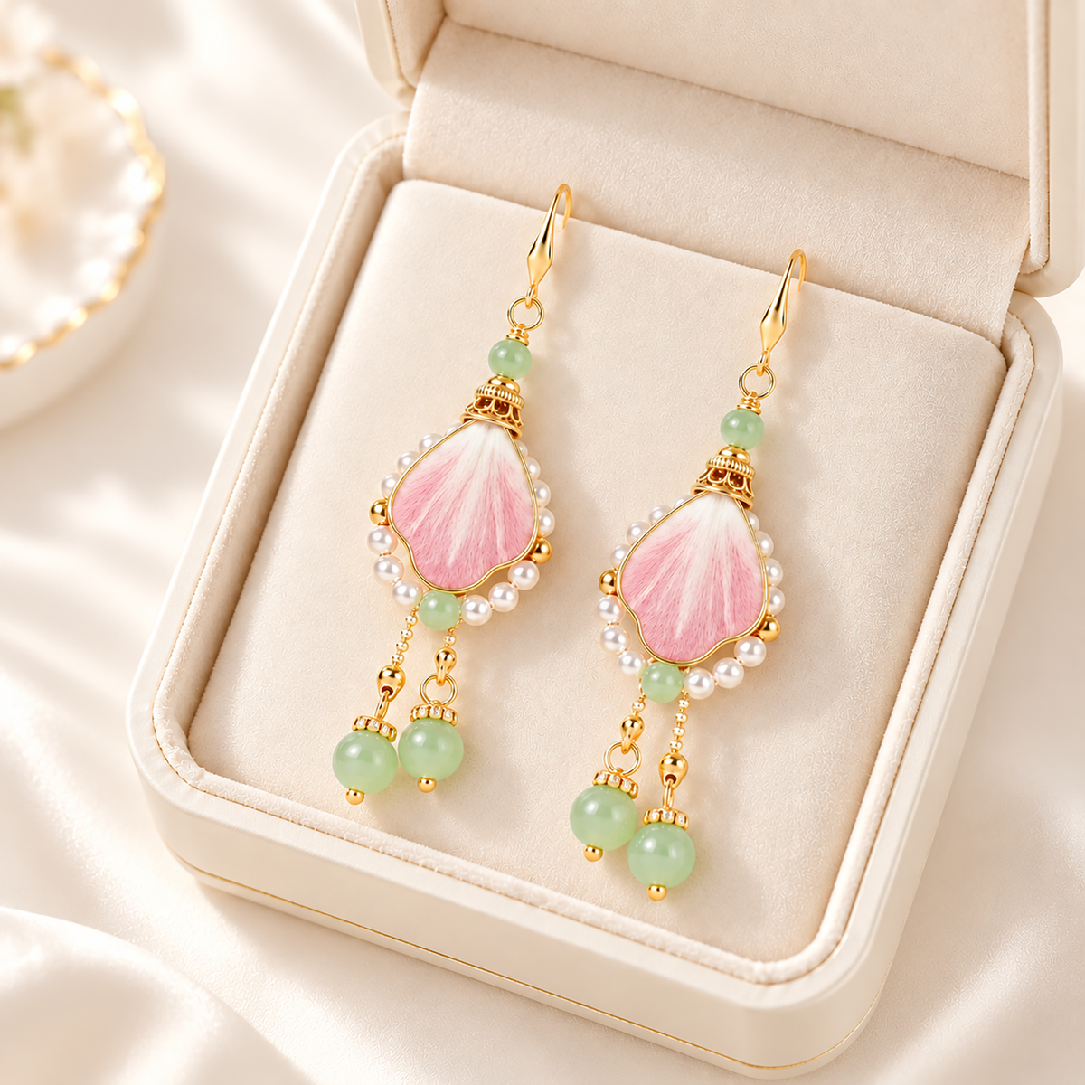 Pink silk Ronghua drop earrings in a cream jewellery box