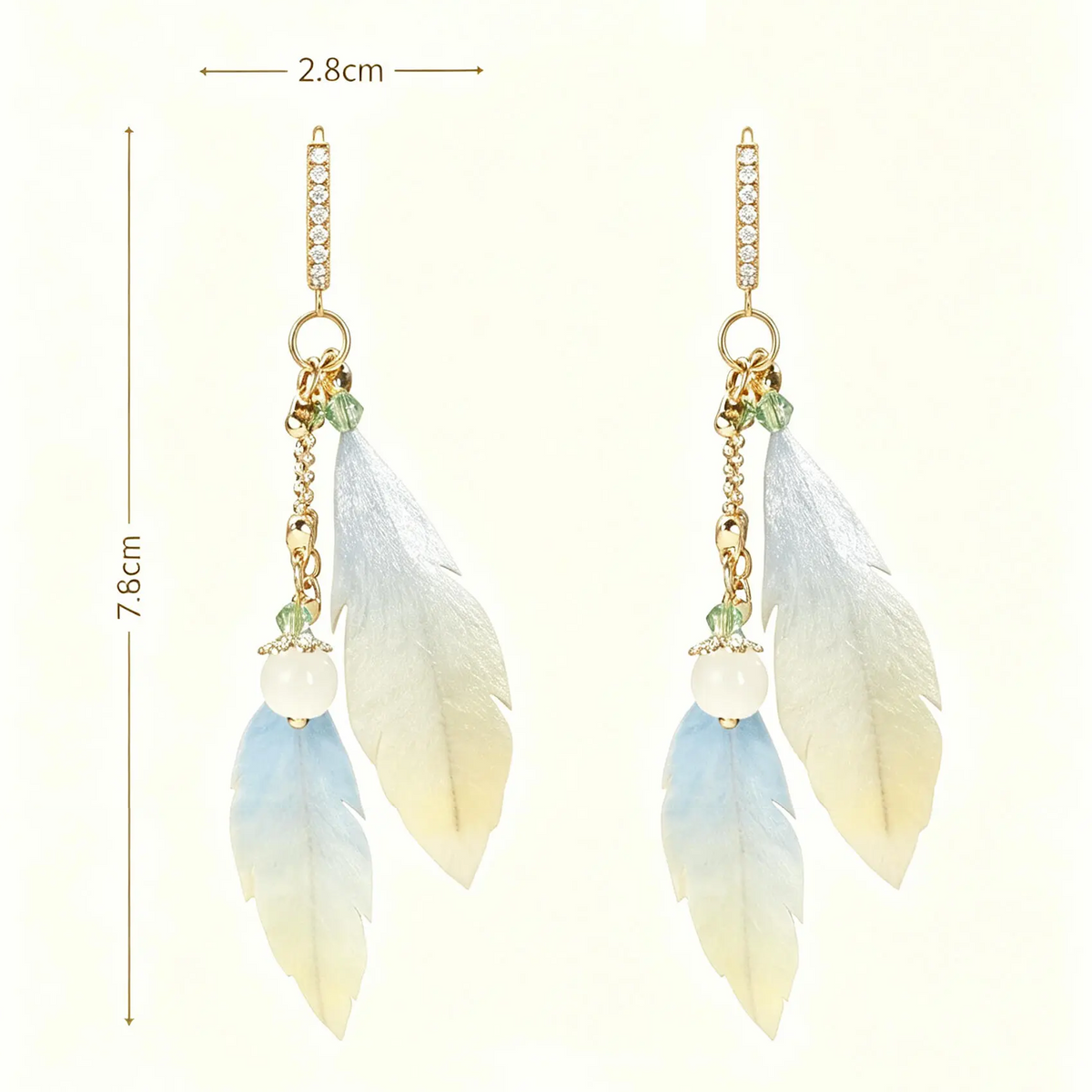 Size graphic for the blue-to-ivory silk drop earrings, labeled 7.8 cm by 2.8 cm