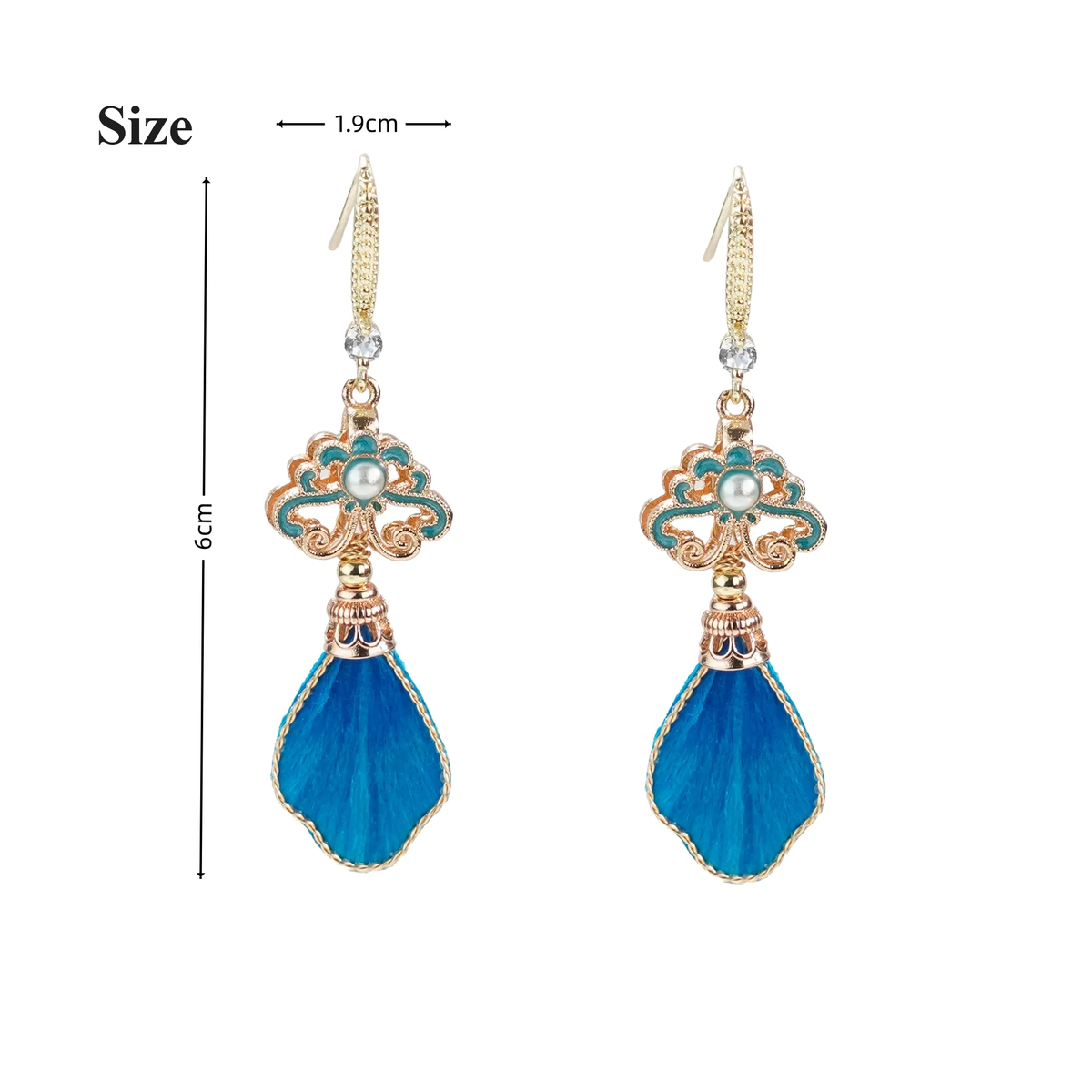 Size guide for blue silk velvet drop earrings, approximately 6 by 1.9 centimetres