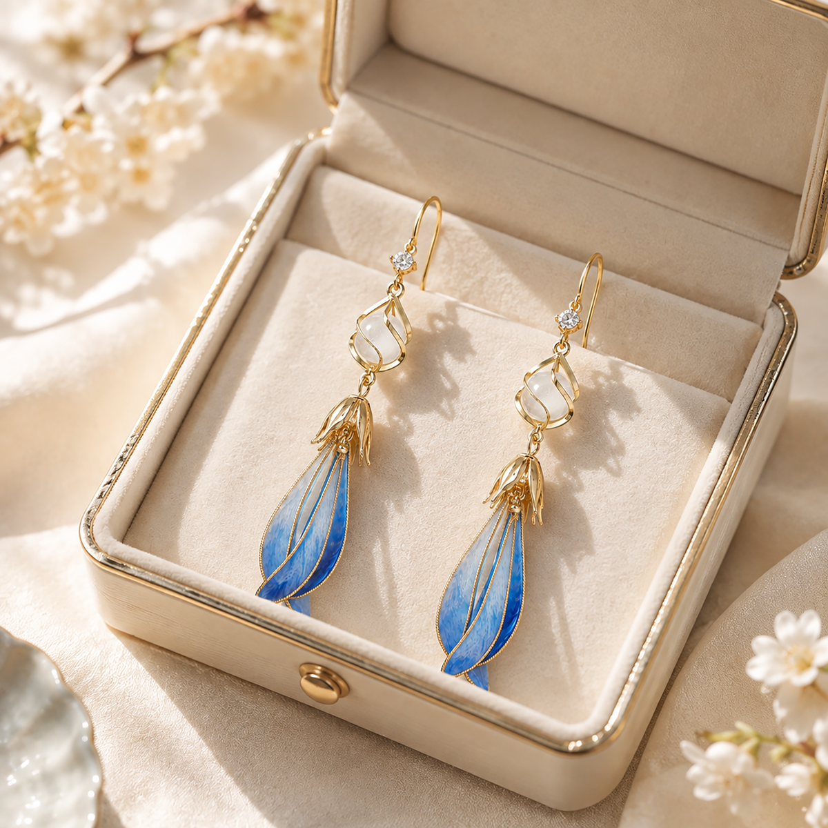 Blue magnolia silk velvet drop earrings presented in a CLMADE gift box