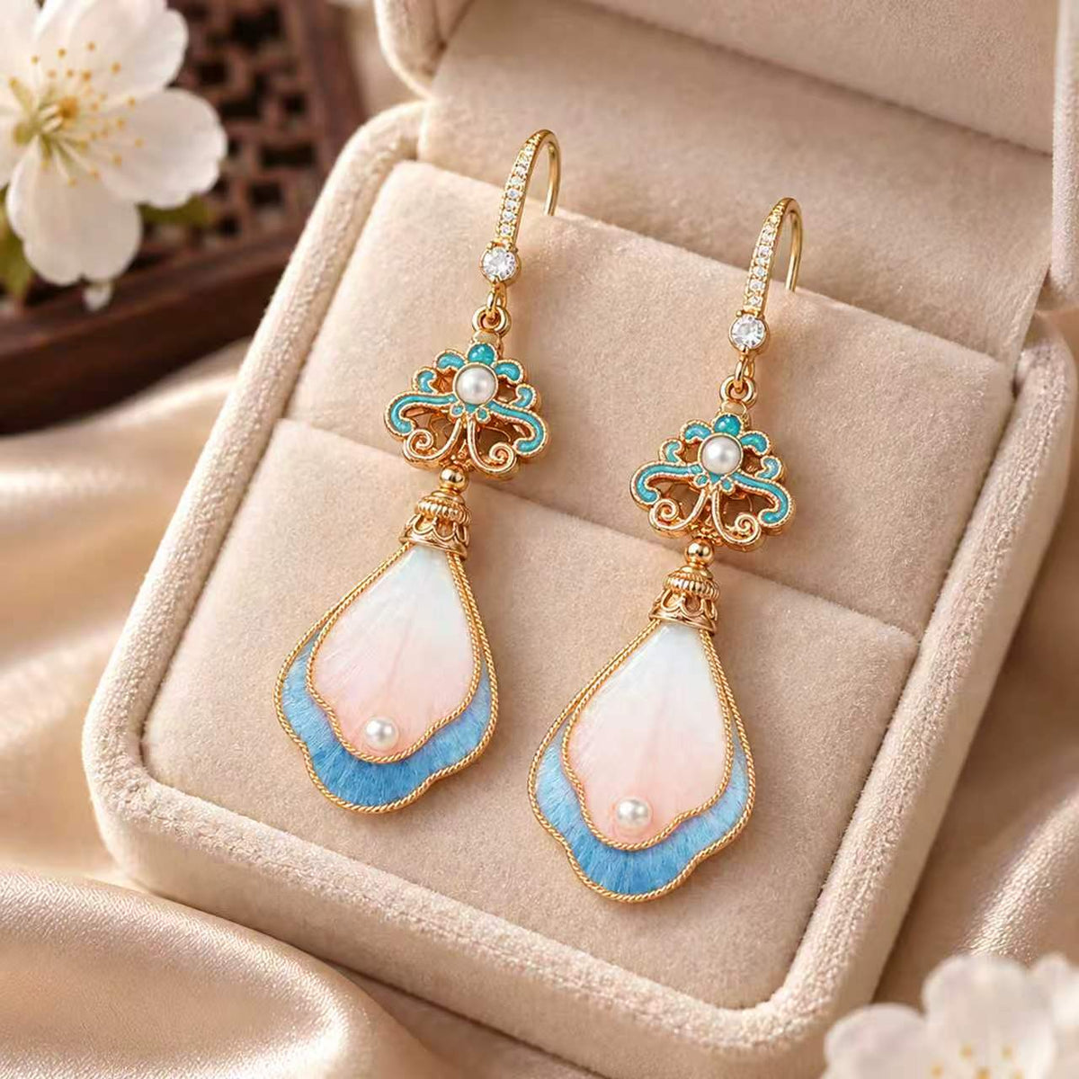 Peach blossom Natural mulberry silk velvet drop earrings worn by a model