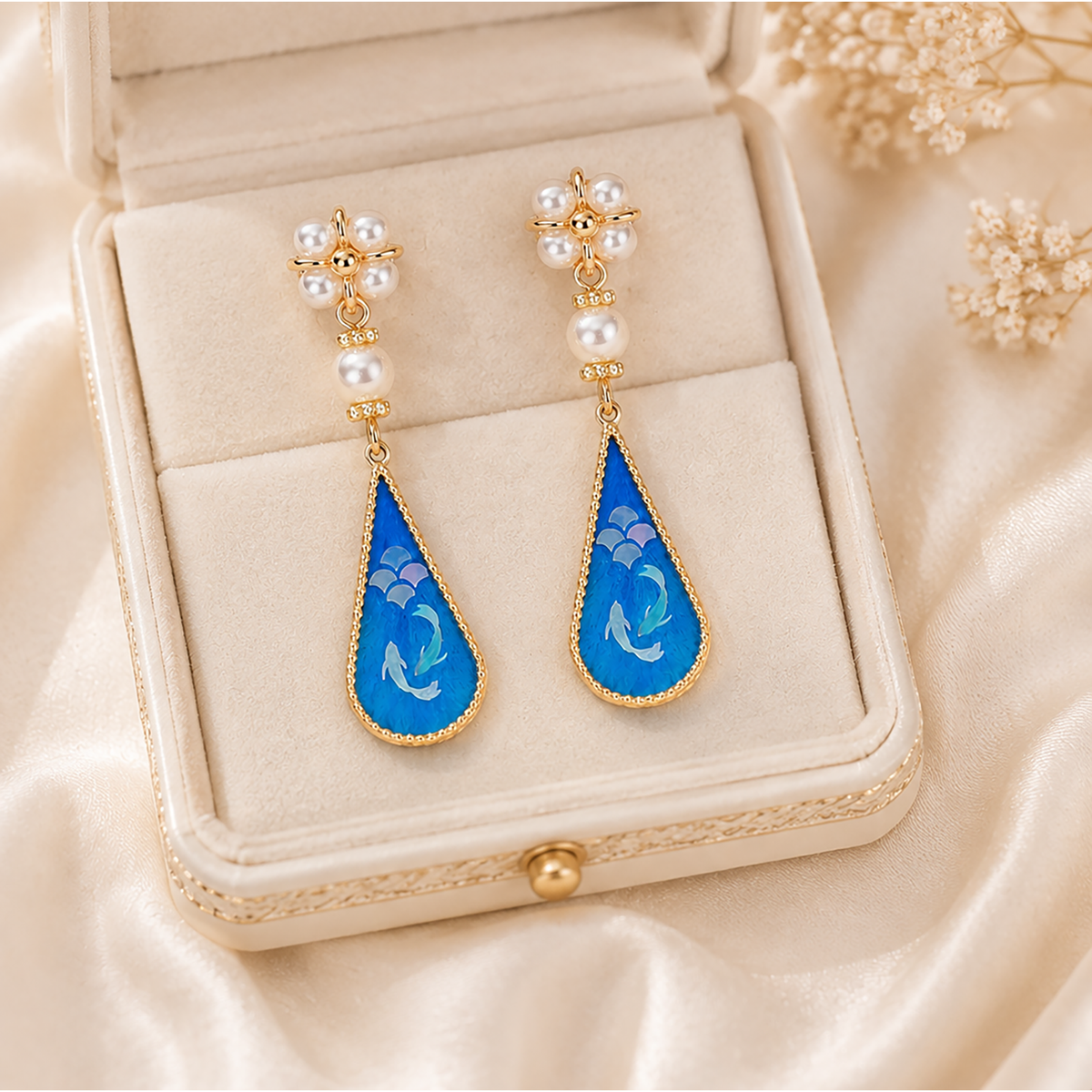 Twin fish ronghua natural mulberry silk velvet drop earrings