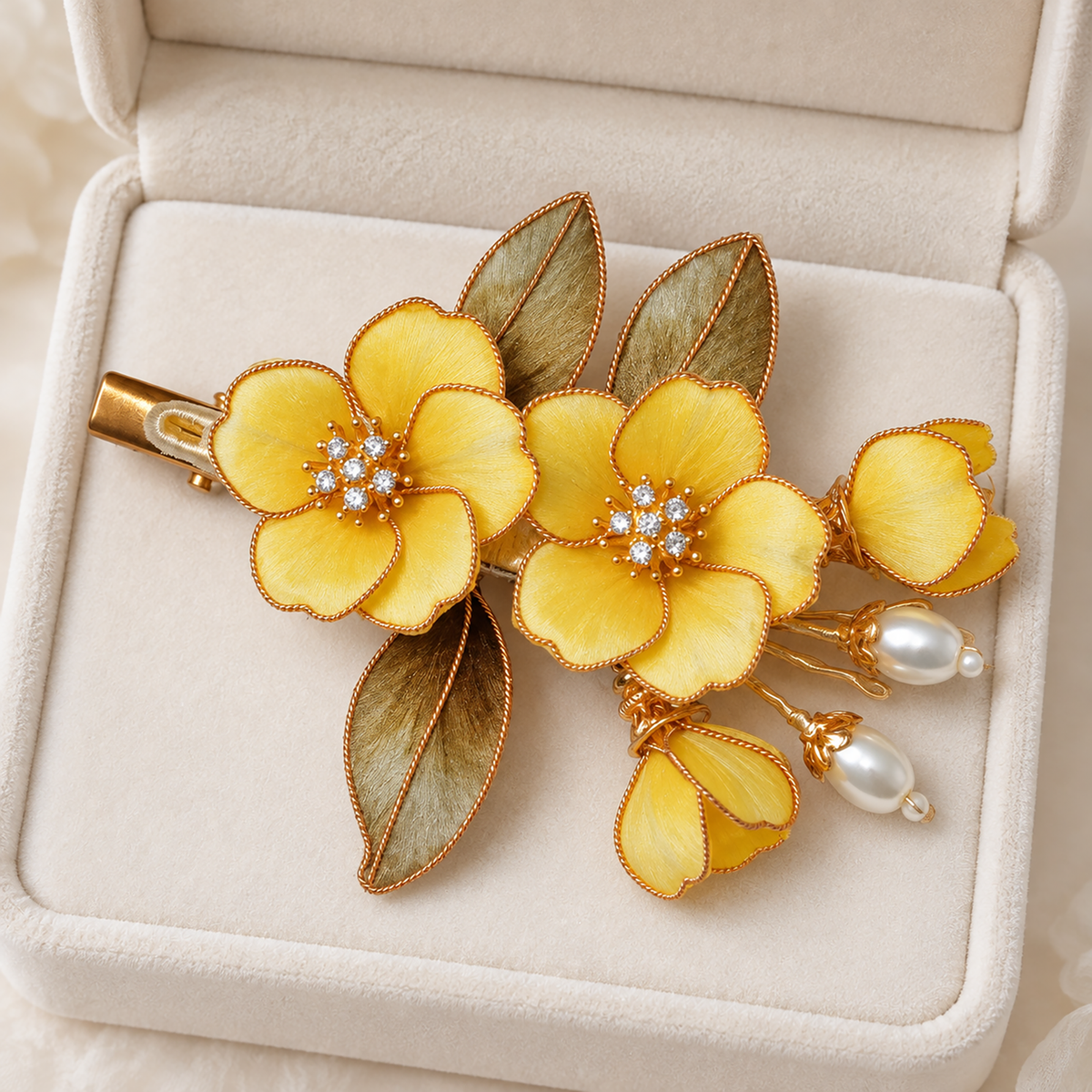Yellow osmanthus Ronghua hair clip presented in an ivory box