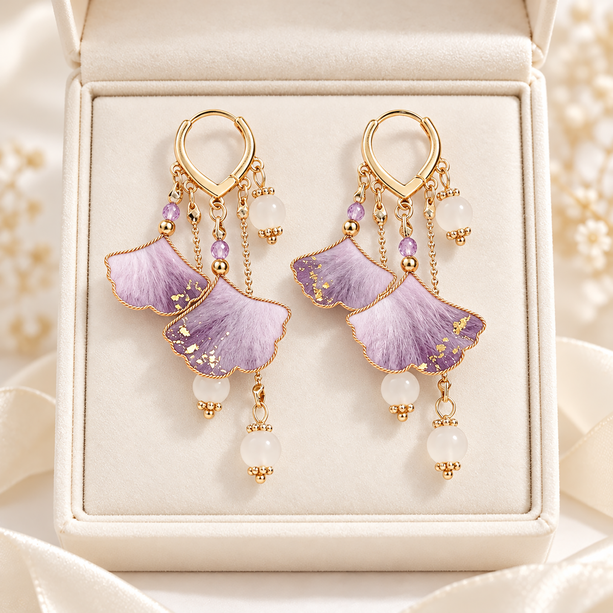 Pair of twin purple ginkgo mulberry-silk Ronghua drop earrings with gold-toned hoop wires and pearl-like beads, in a cream jewelry box