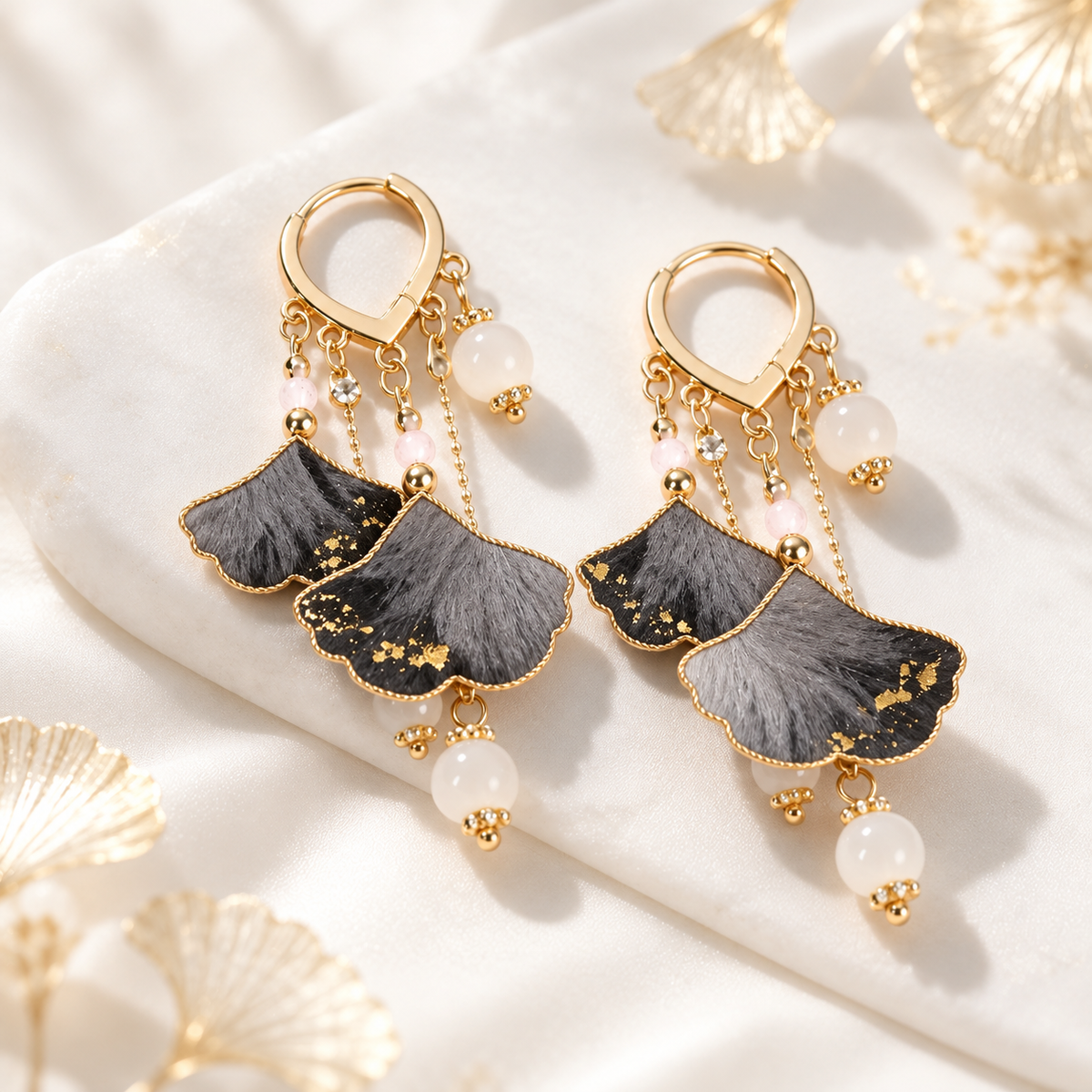 Twin ink-wash ginkgo silk Ronghua drop earrings with gold flecks and bead drops