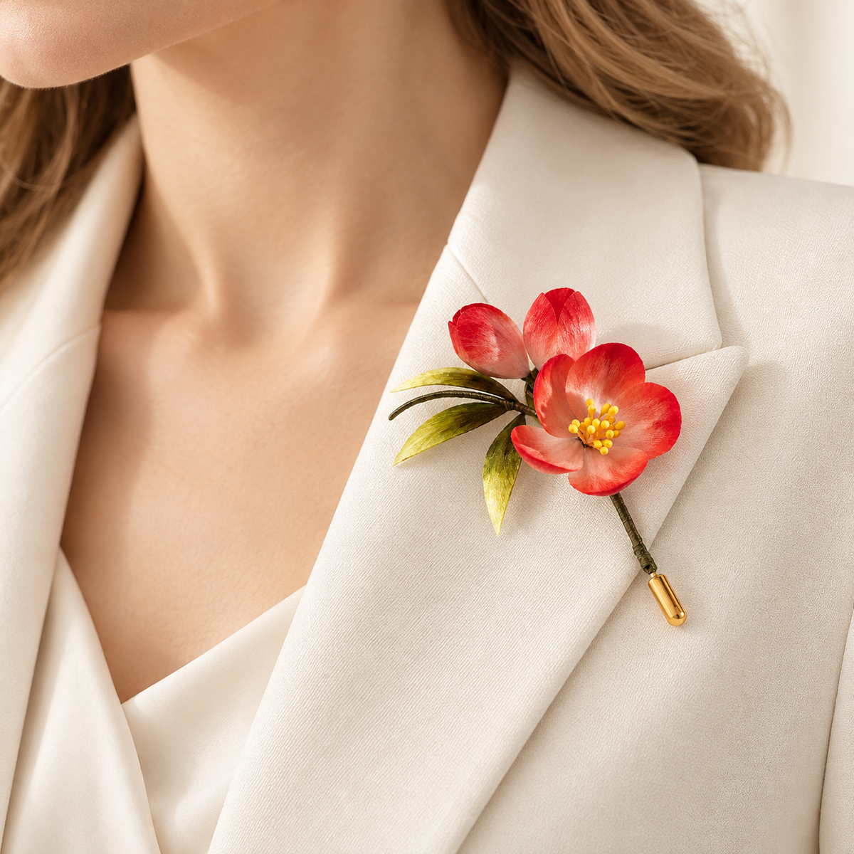 Red plum blossom Ronghua brooch worn on a cream blazer lapel