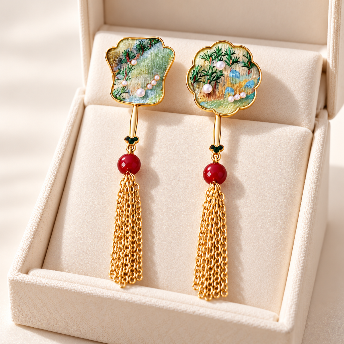 Tuanshan Songjin round-fan tassel stud earrings — photo 1