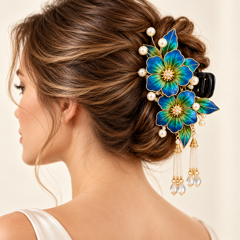 Blue-Green Blossom Ronghua Claw Hair Clip — Qingluan