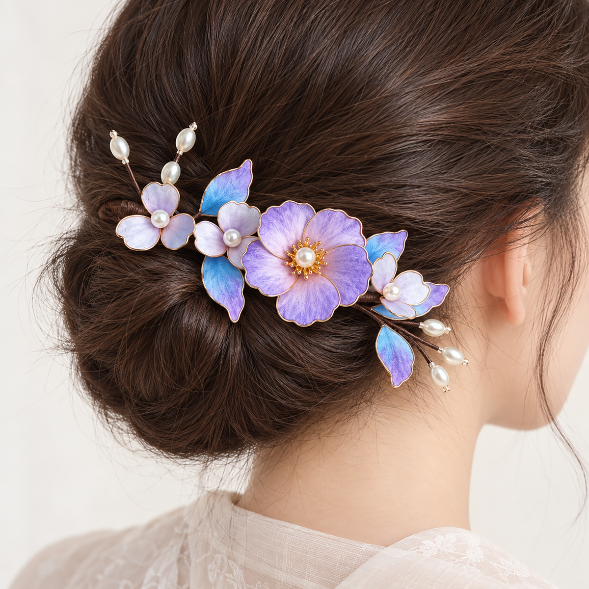 Purple blossom Ronghua hair clip worn in a low bun
