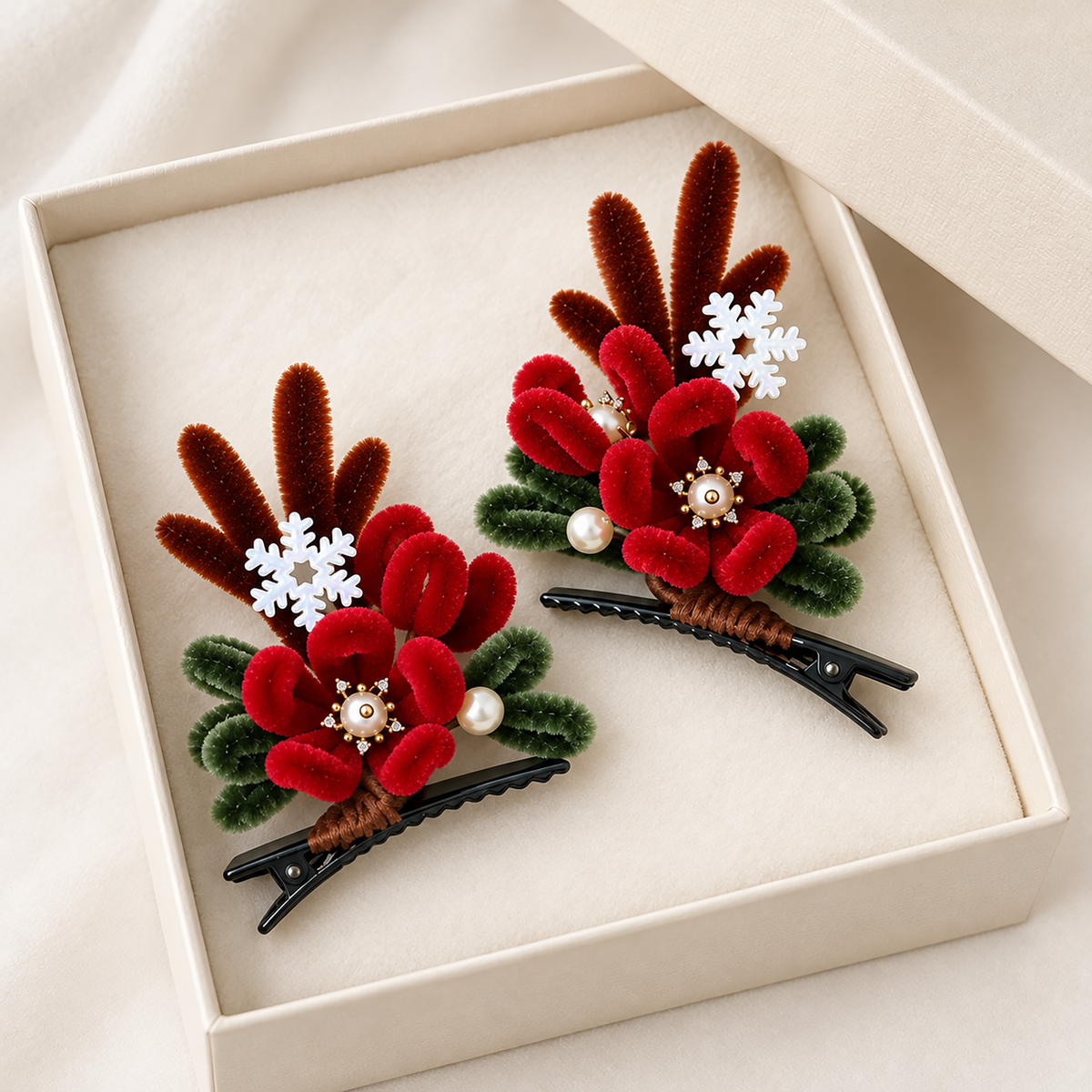 Christmas mulberry-silk Ronghua hair clips in gift box