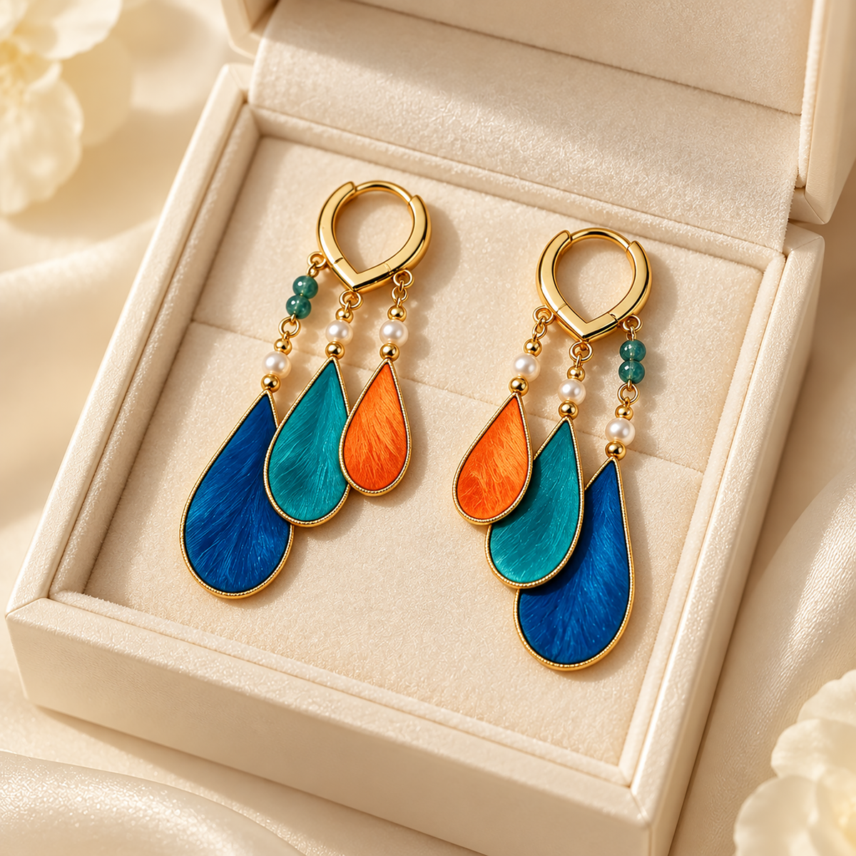Pair of blue, teal and orange mulberry-silk Ronghua drop earrings with gold-toned hoop wires and pearl-like beads, in a cream jewelry box