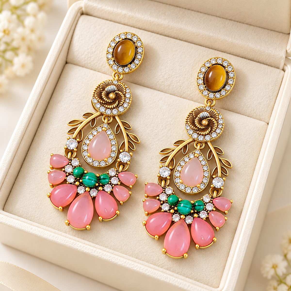 Nifei court pink glass tiger-eye drop earrings — photo 1