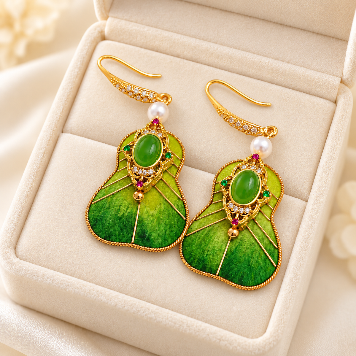 Green princess fan Ronghua drop earrings in a gift box