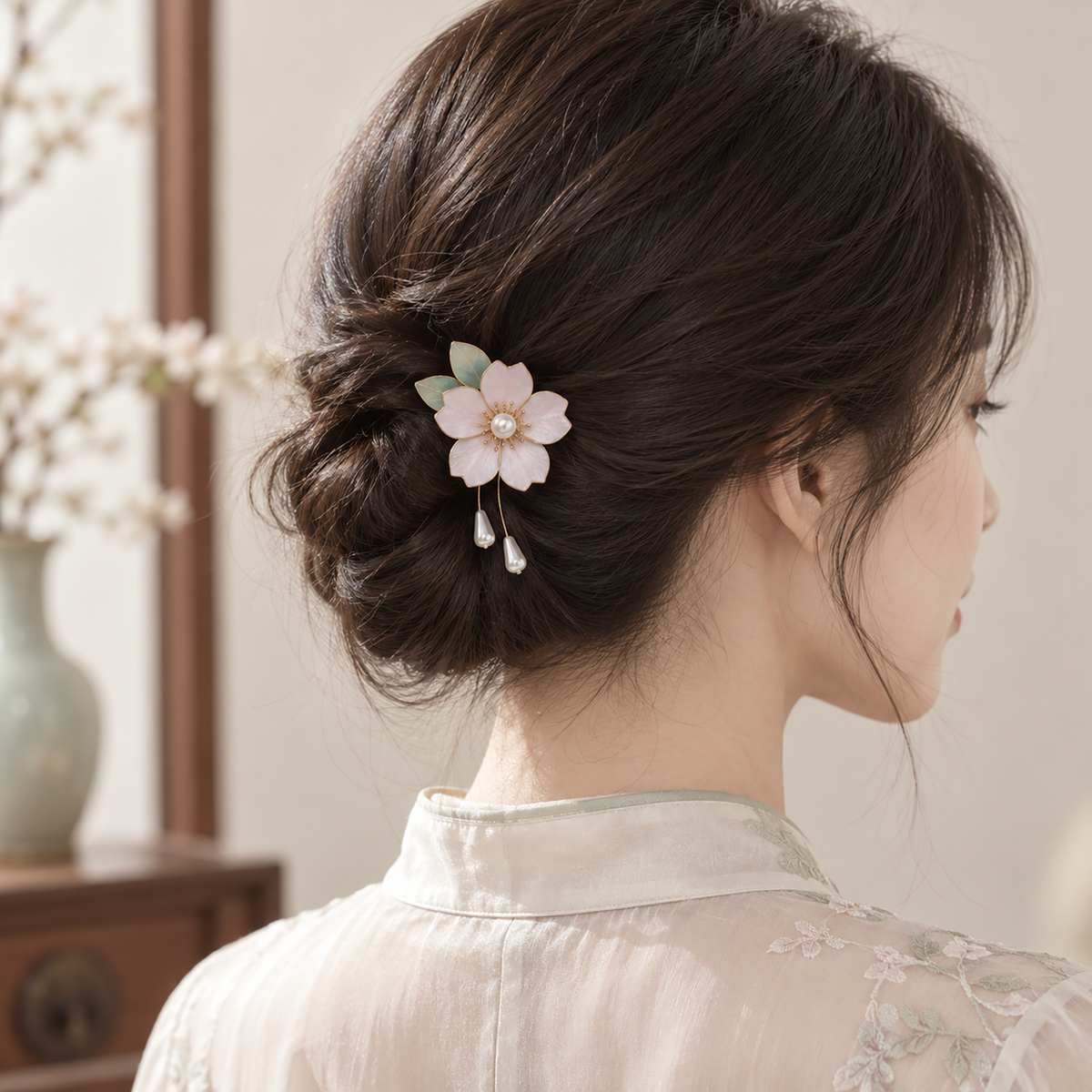 Pink silk Ronghua hair clip worn in a low bun