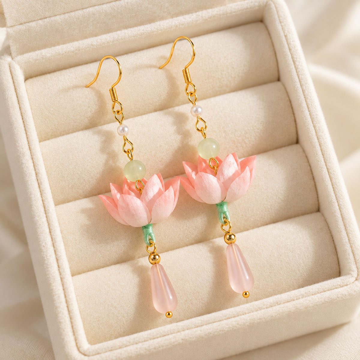 Qinghe lotus silk Ronghua drop earrings in a gift box
