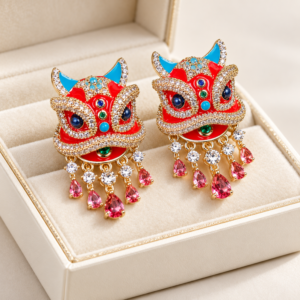 Xingshi enamel awakening lion drop earrings — photo 1