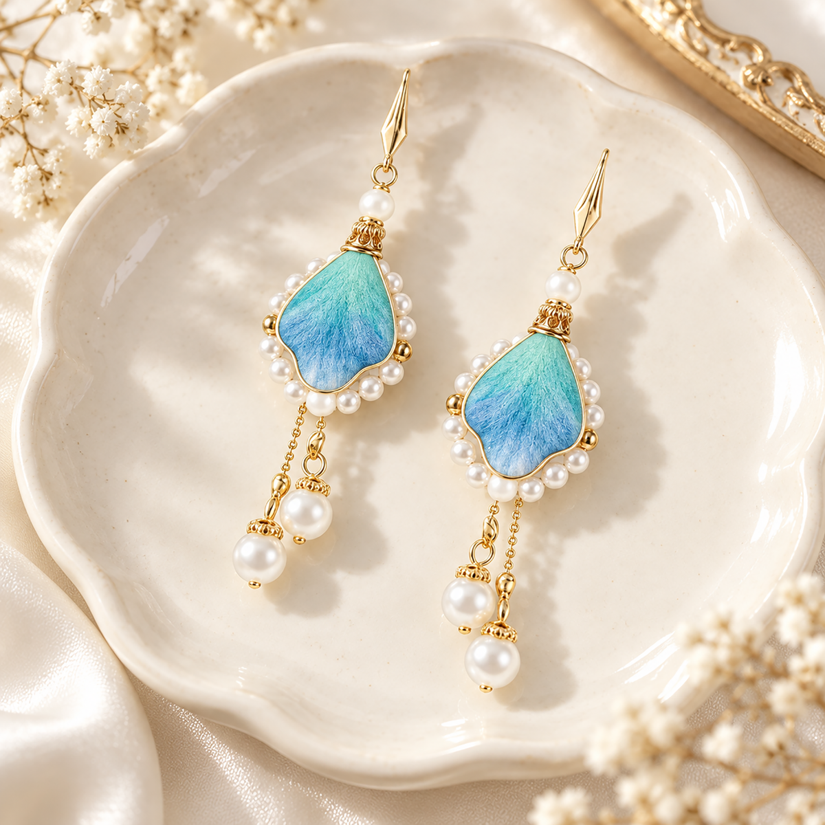 Blue-teal silk Ronghua drop earrings with pearl-like accents on a cream ceramic dish