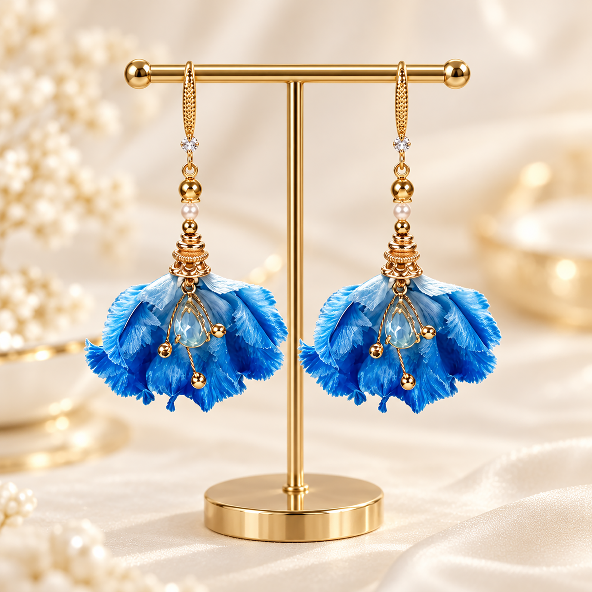 Blue water-iris silk Ronghua drop earrings hanging from a display stand