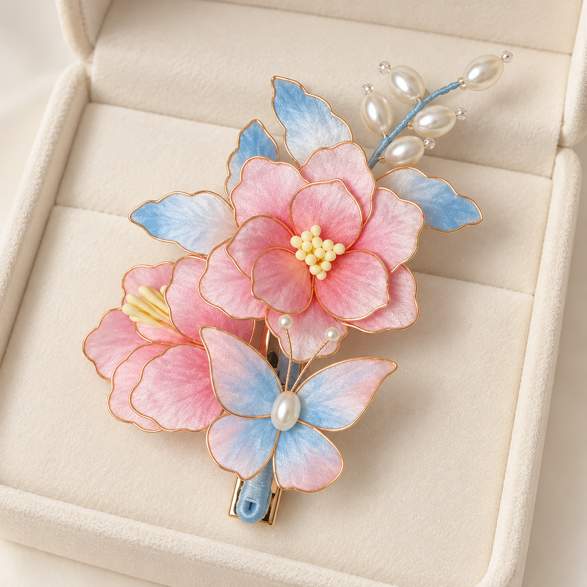 Pink peach blossom Ronghua hair clip presented in an ivory box