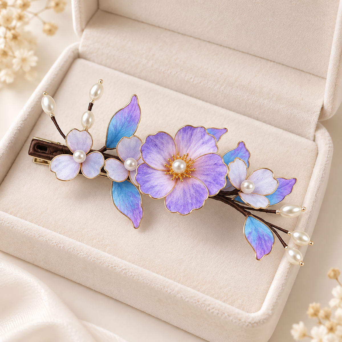 Purple blossom Ronghua hair clip presented in an ivory gift box