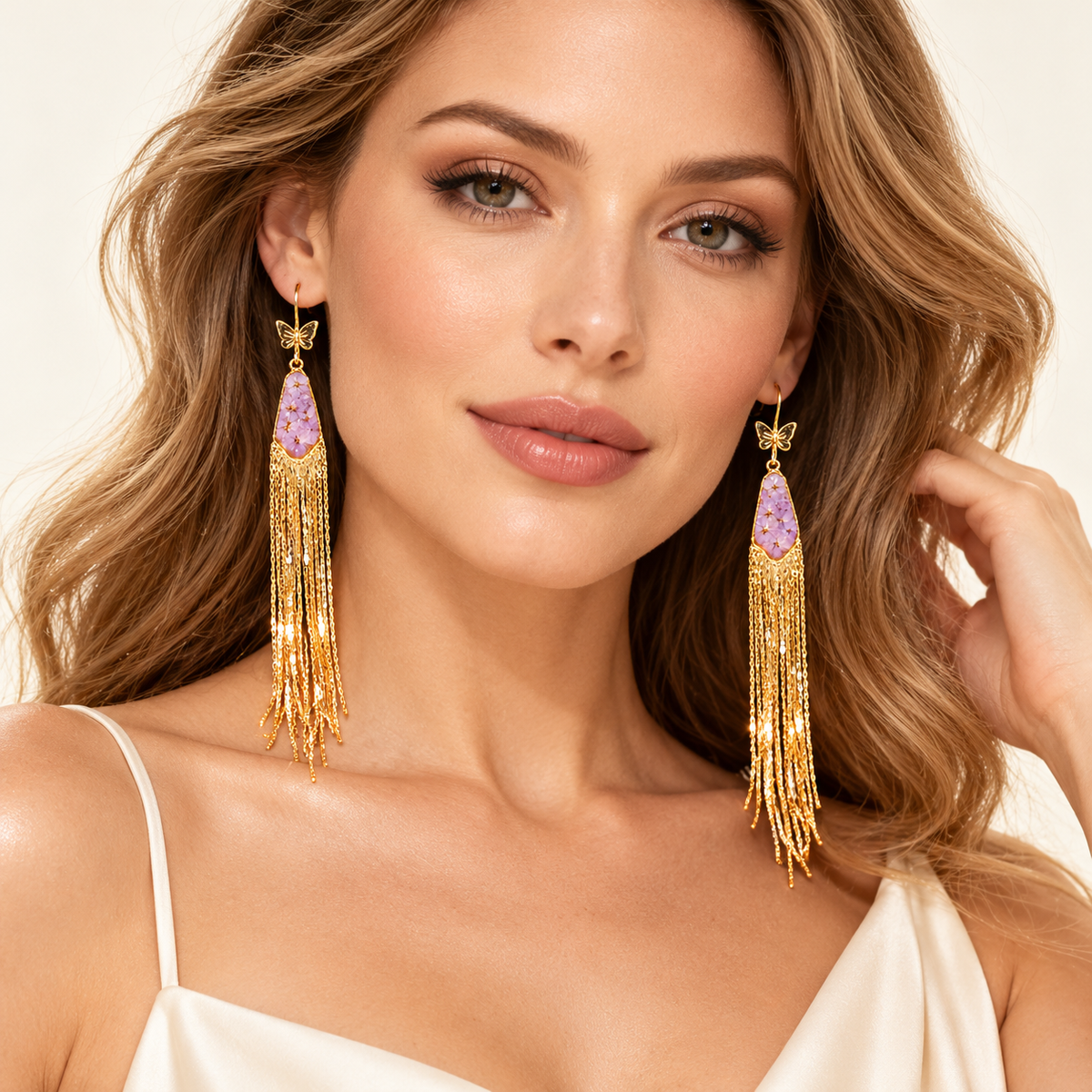 Zijin preserved flower gold tassel earrings — photo 2