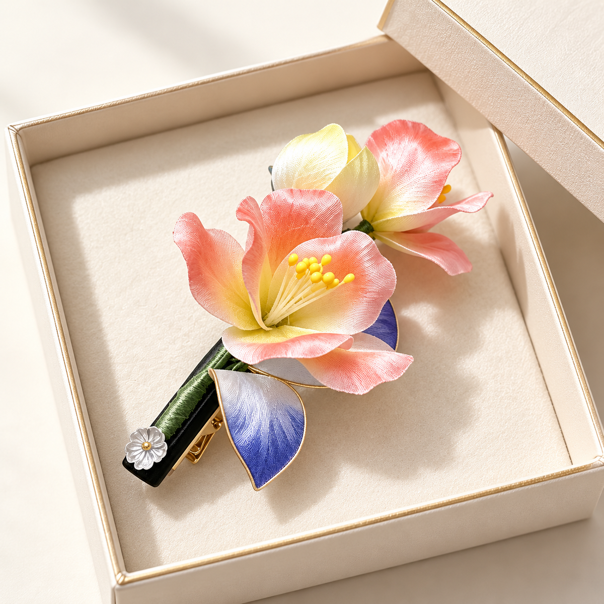 Shaoguang coral blossom hair clip in a gift box