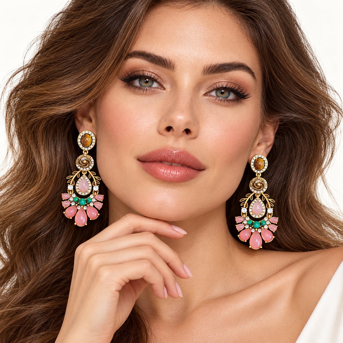 Nifei court pink glass tiger-eye drop earrings — photo 2