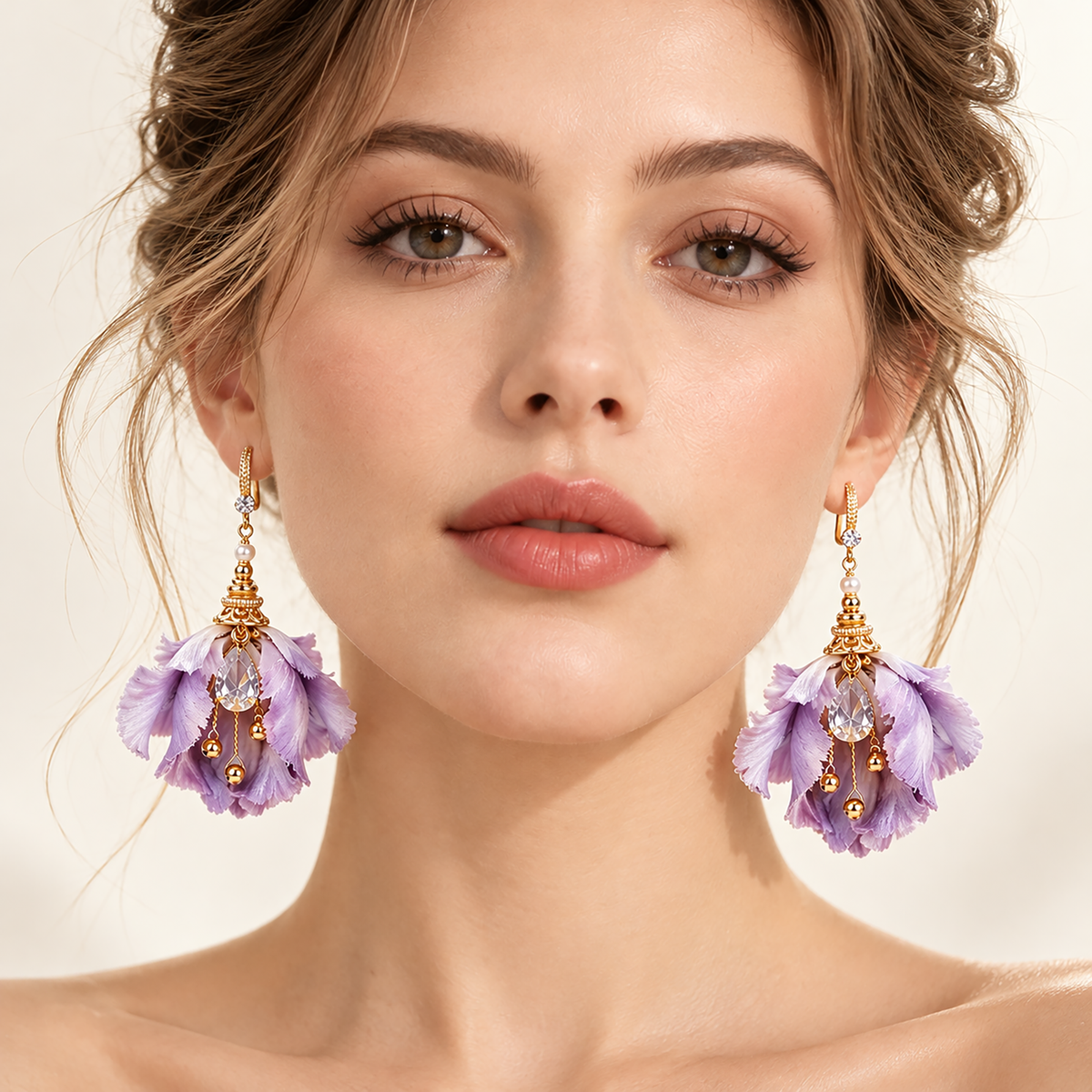 Woman wearing the purple iris silk Ronghua drop earrings