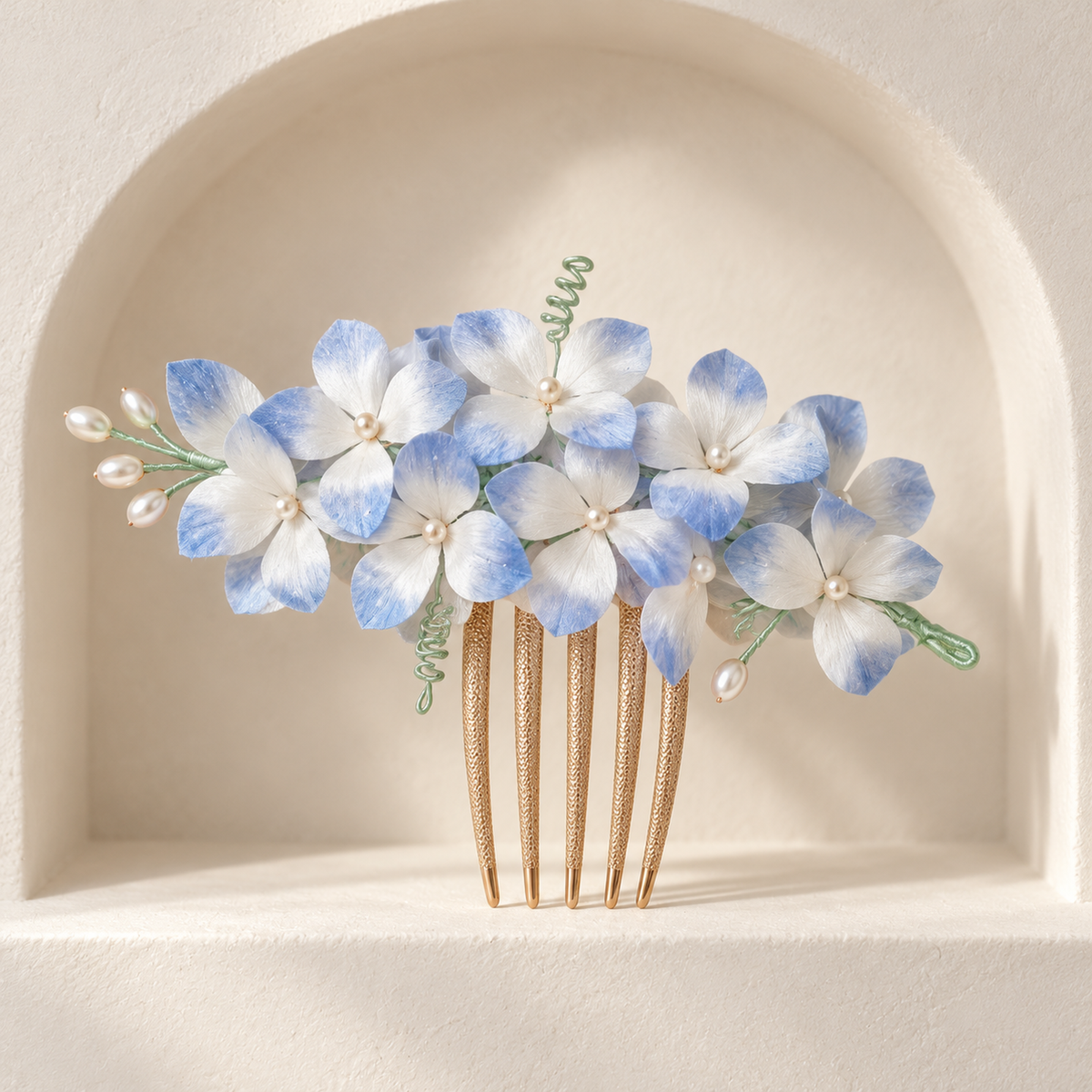 Blue hydrangea Ronghua hair comb displayed in an ivory arched niche